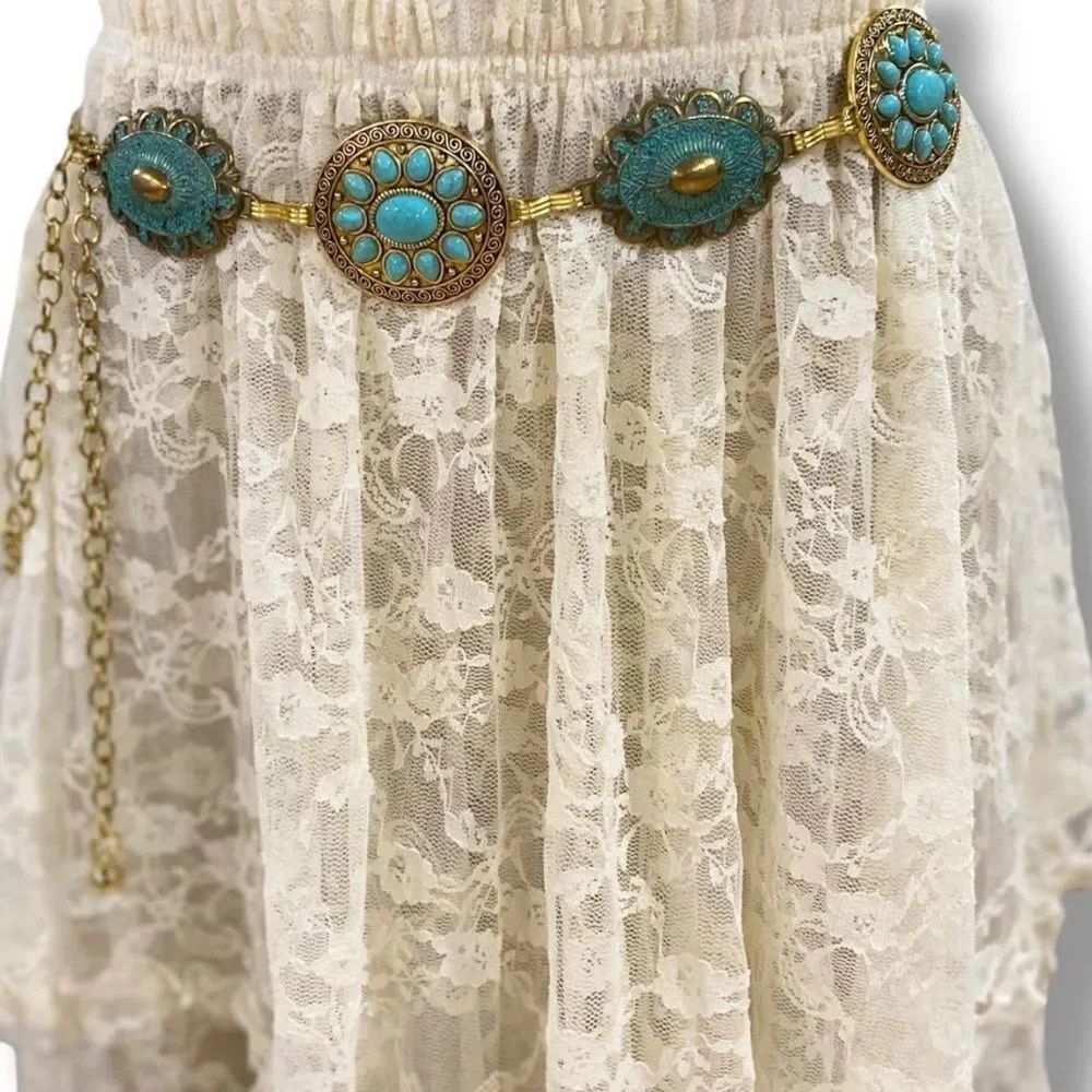 Western Turquoise Gold Patina Floral Concho Belt NWT
